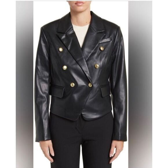 Anthropologie Avec Les Filles Black Faux Leather Double Breasted Blazer Sz S - Picture 1 of 8
